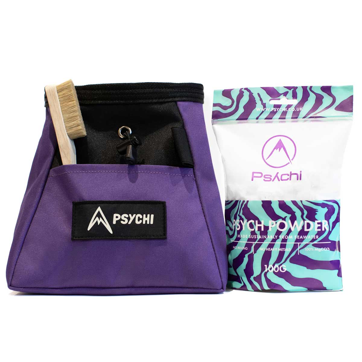 Purple chalk bucket with black trim and chalk powder refill pack