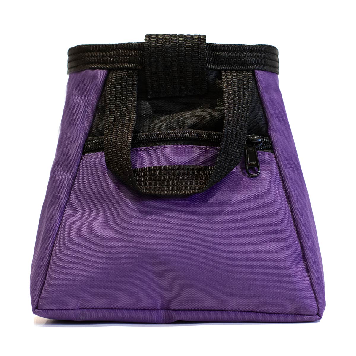 Purple chalk bucket with black webbing handle and latch