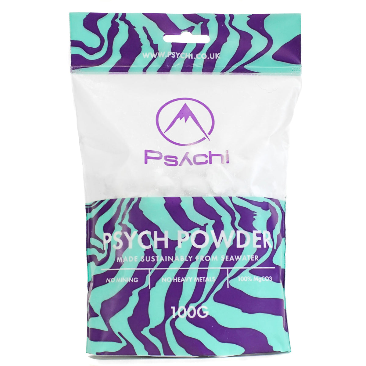 Chalk powder refill pouch with purple-and-teal graphic and PsAchi branding