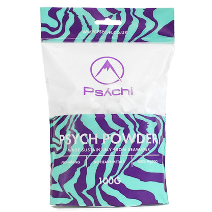 Chalk powder refill pouch with purple-and-teal graphic and PsAchi branding