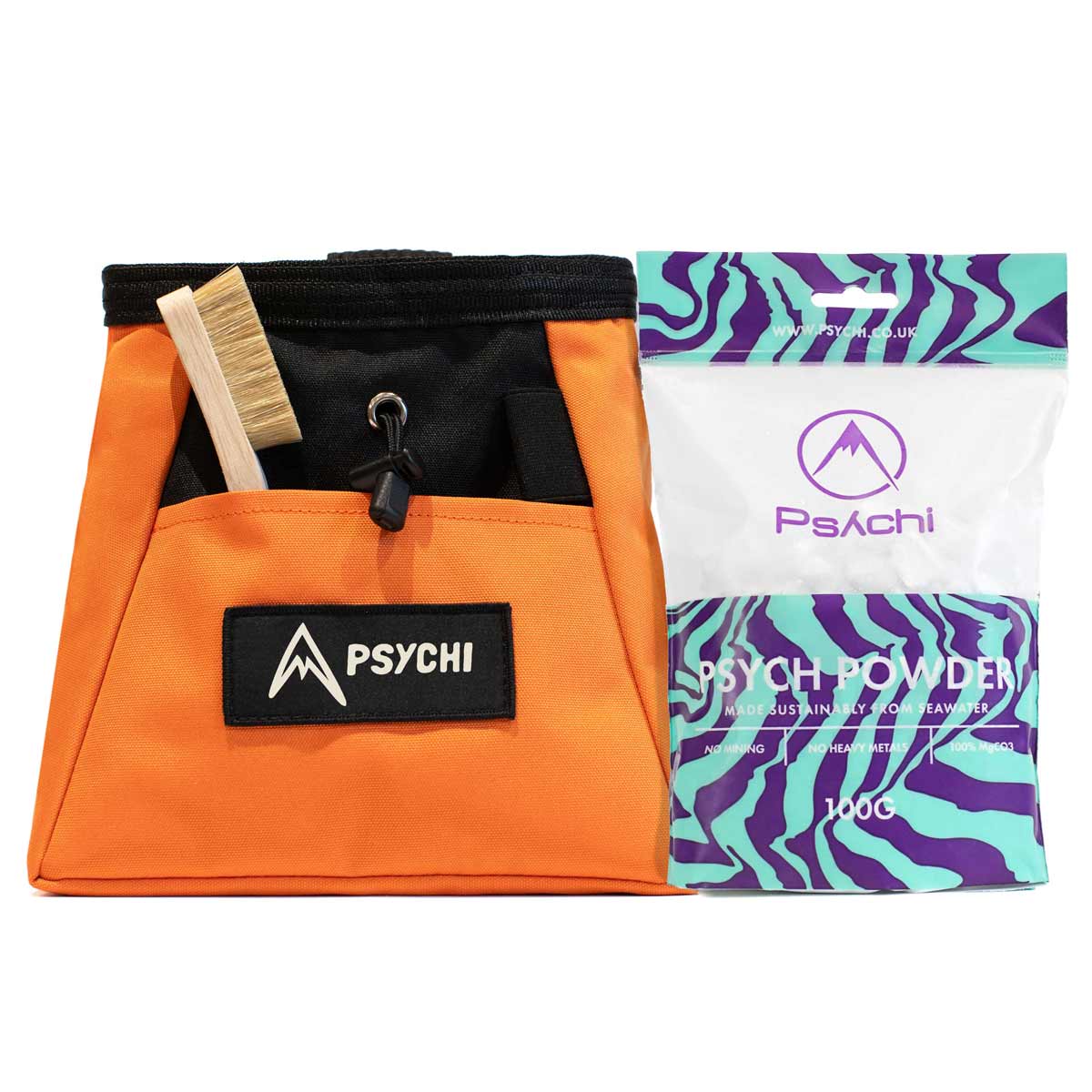 Orange chalk bucket bag with PSYCHI patch and purple Psych Powder 100g pouch