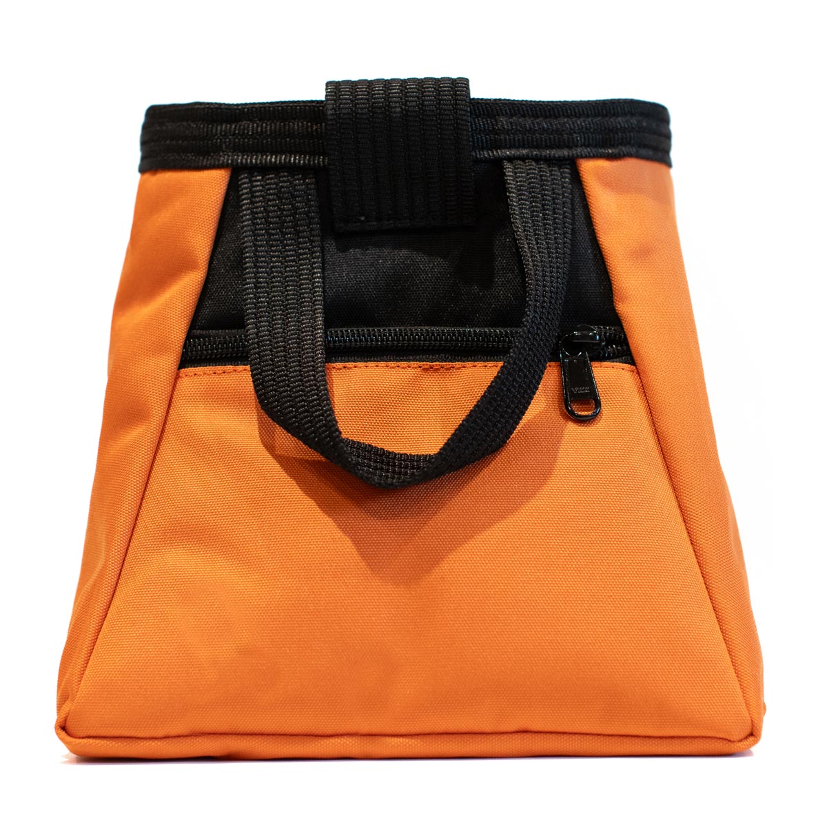 Orange chalk bucket with black strap handle and front PSYCHI logo patch