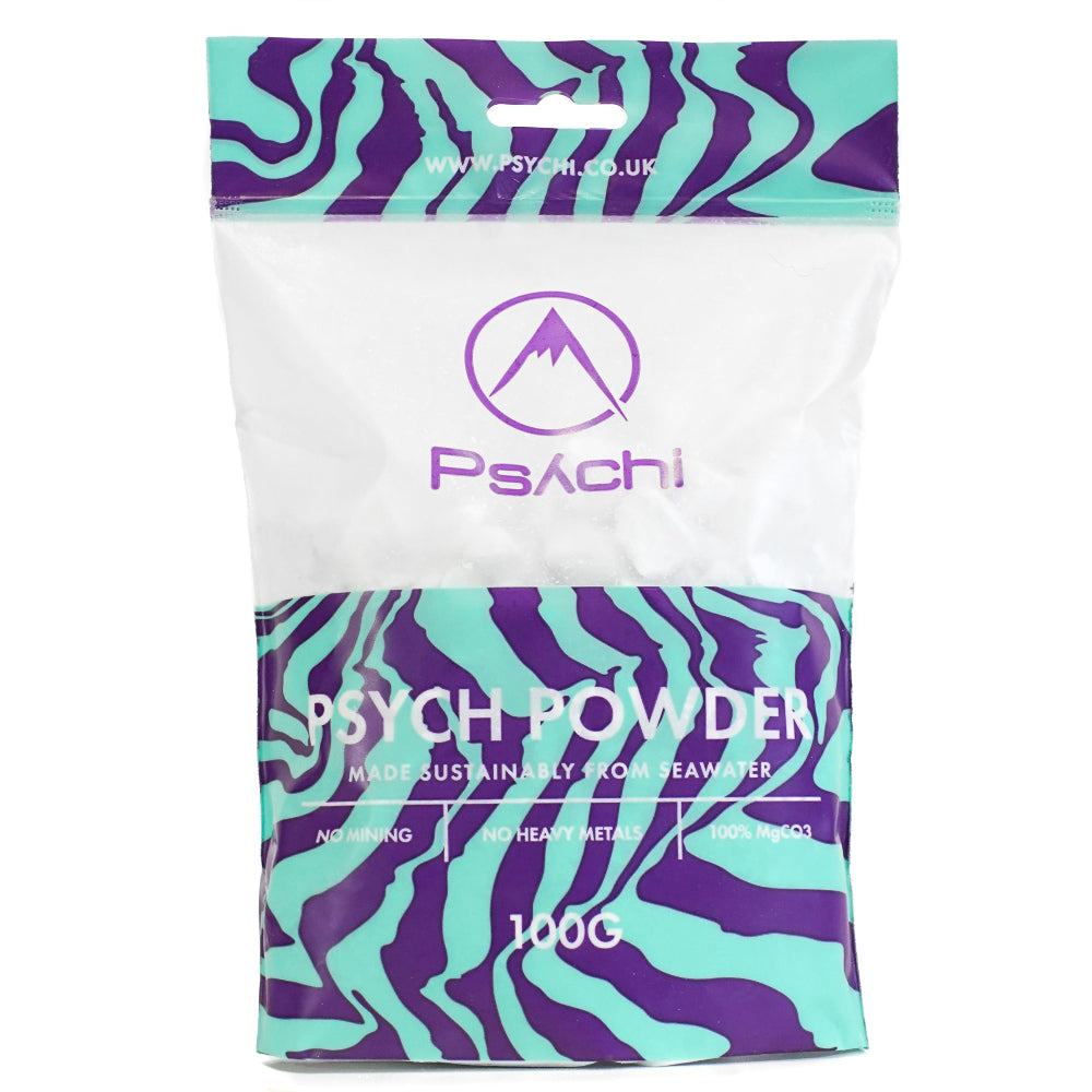Purple and teal chalk powder pouch labeled Psych Powder, 100g