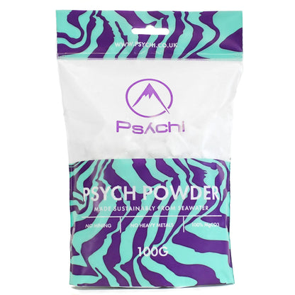 Purple and teal chalk powder pouch labeled Psych Powder, 100g