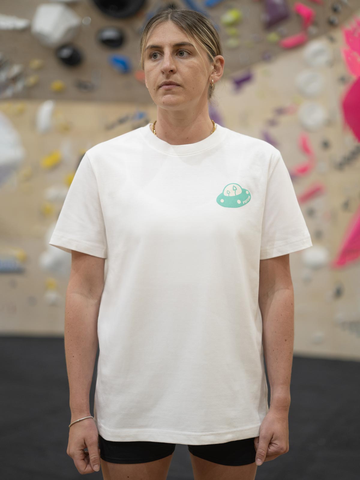 Off-white organic cotton T-shirt with small chest UFO graphic