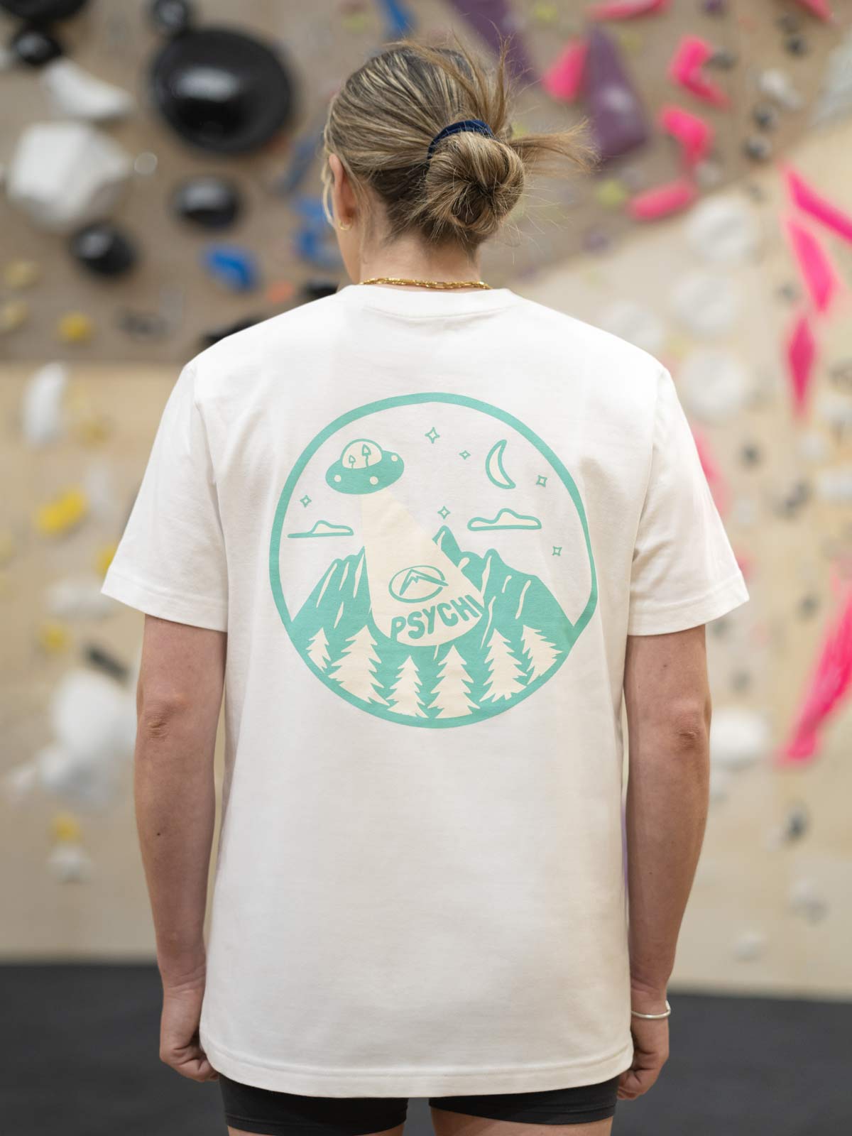 Off-white organic cotton T-shirt with back circular UFO and mountain graphic