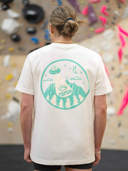 Off-white organic cotton T-shirt with back circular UFO and mountain graphic