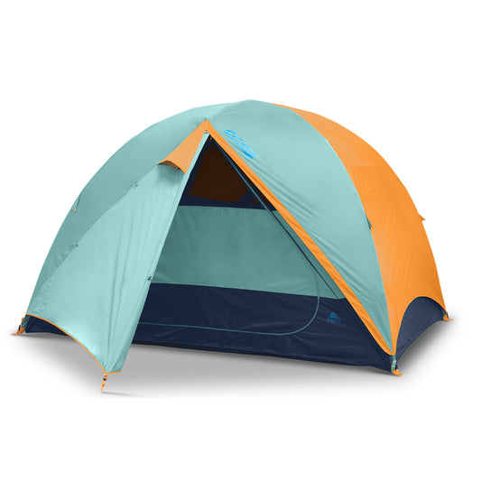 4-person dome tent with teal and orange rainfly, dark navy front door, tent body