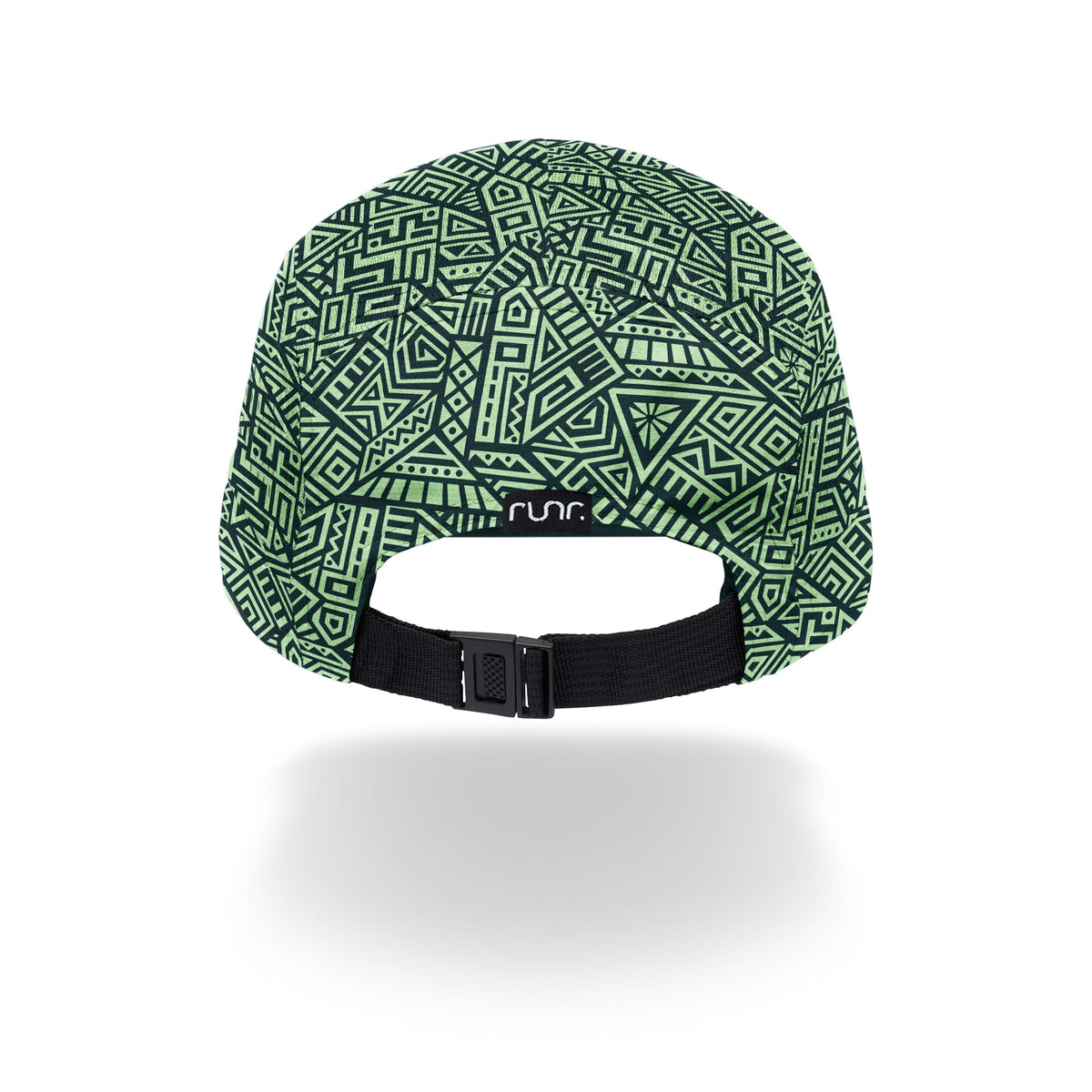 Technical running cap showing black adjustable strap and teal geometric pattern