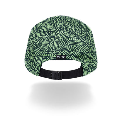 Technical running cap showing black adjustable strap and teal geometric pattern