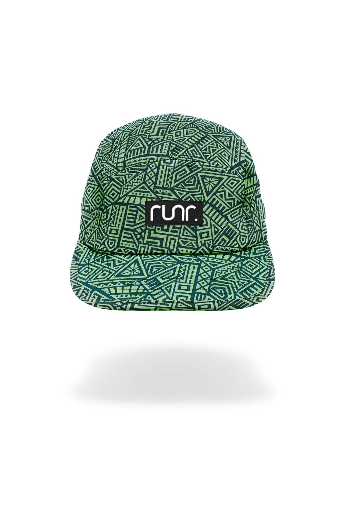 Runr technical running hat, green-and-blue geometric pattern with central logo panel