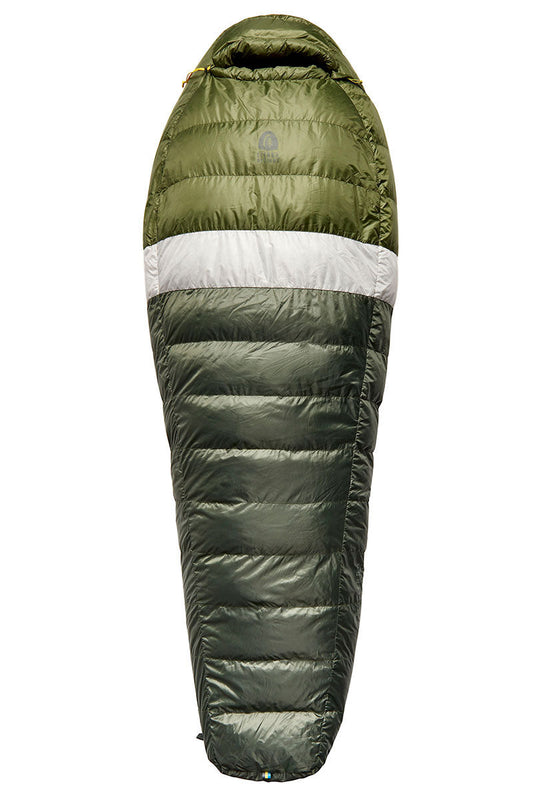Long down sleeping bag, olive green with gray stripe