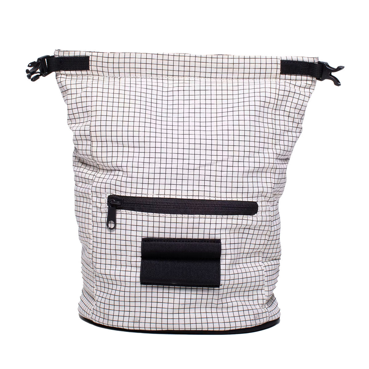 Canvas chalk bucket with roll-top closure and black front pocket, white grid canvas