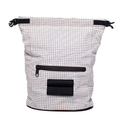 Canvas chalk bucket with roll-top closure and black front pocket, white grid canvas