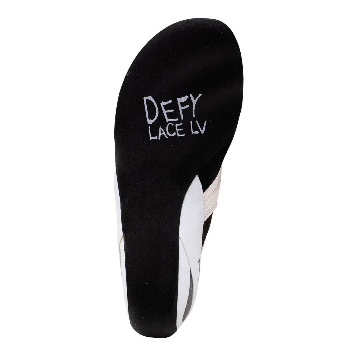 Evolv Defy Lace LV climbing shoe outsole, black with “DEFY LACE LV” text