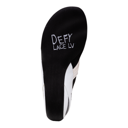 Evolv Defy Lace LV climbing shoe outsole, black with “DEFY LACE LV” text