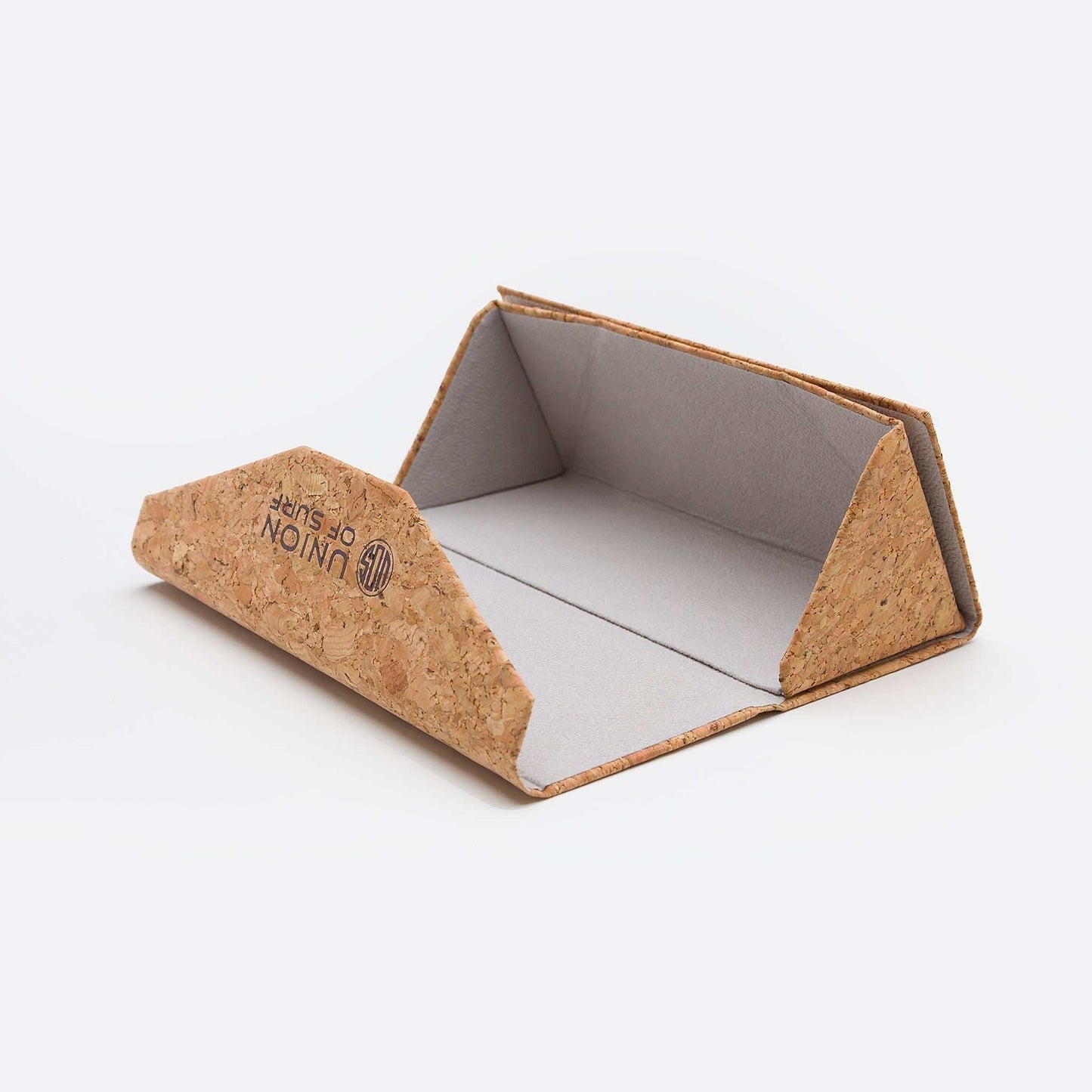 Cork sunglasses case with open top and printed logo