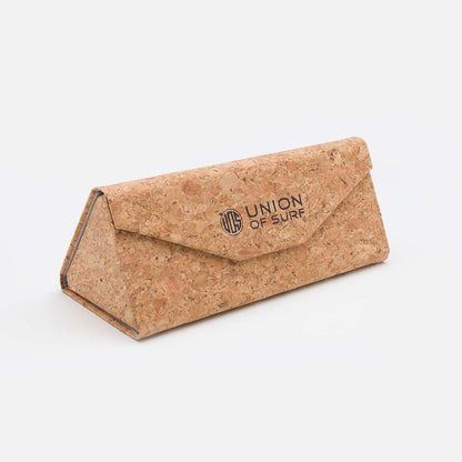 Cork sunglasses case with flap closure and Union of Surf logo.