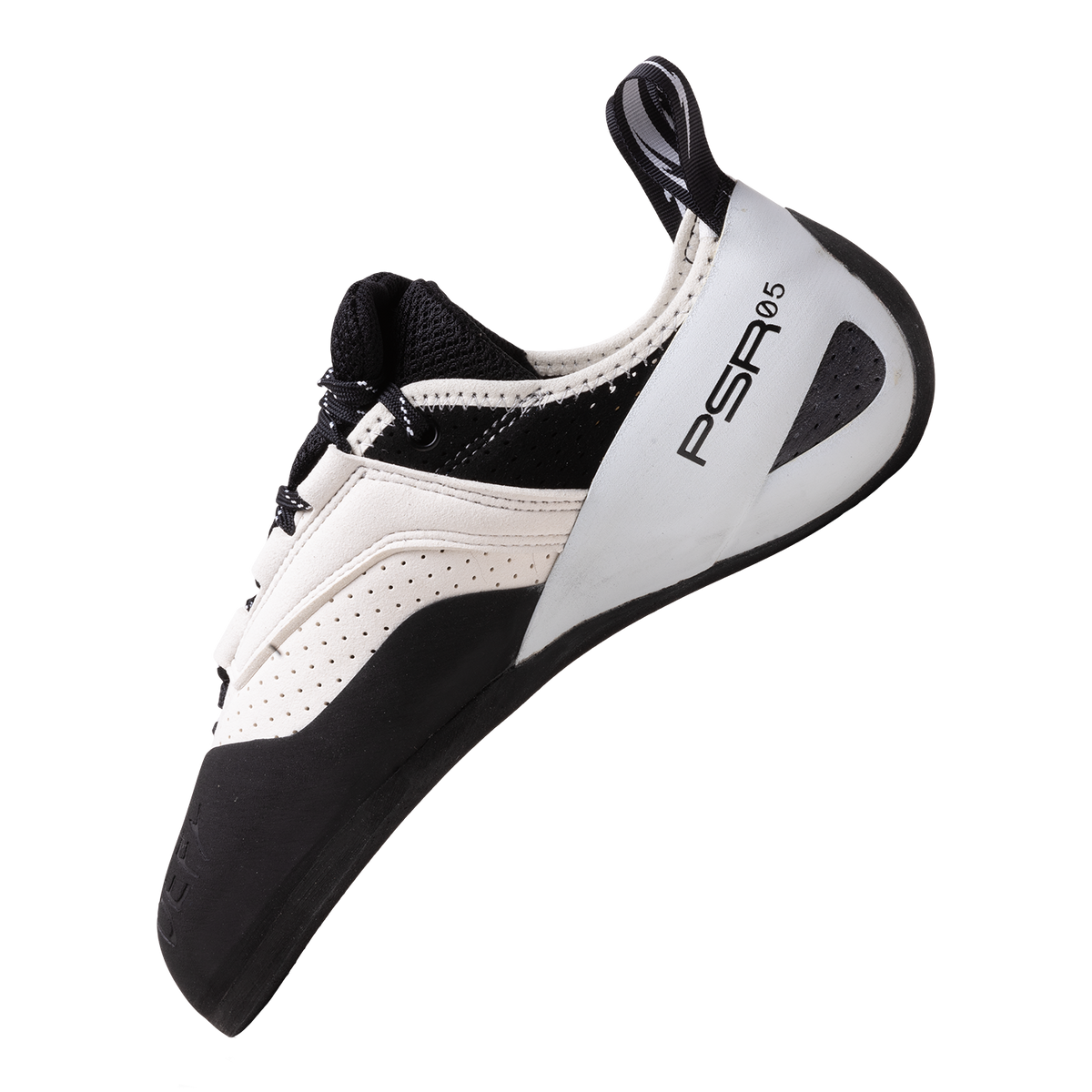 Climbing shoes with lace-up closure, white and black synthetic upper, rounded toe