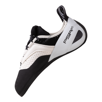 Climbing shoes with lace-up closure, white and black synthetic upper, rounded toe