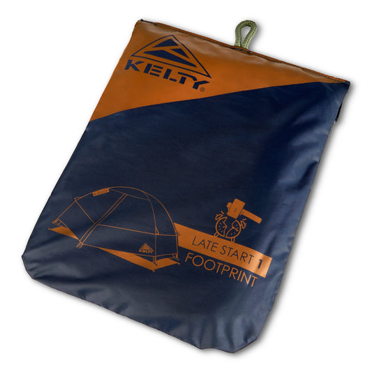 Kelty Late Start 1-person tent footprint tarp, navy with orange graphic and logo