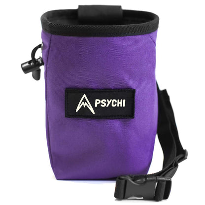 Purple climbing chalk bag with black top, waist strap, and PSYCHI logo patch