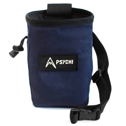 Navy climbing chalk bag with logo patch, black top band, and carrying strap