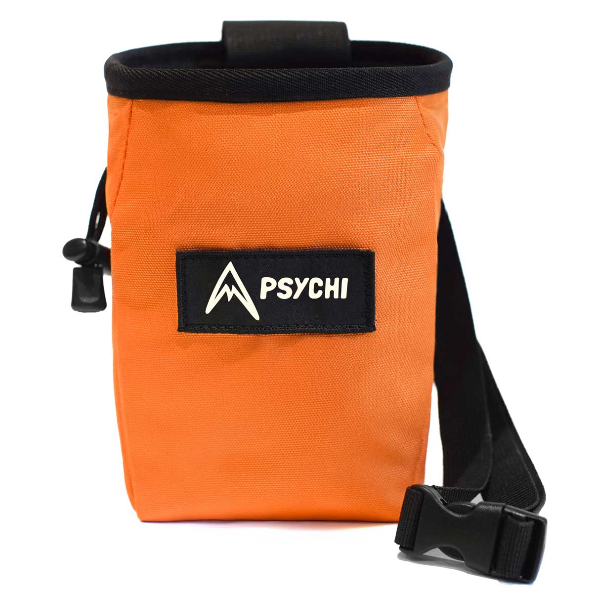Orange climbing chalk bag with black top rim, PSYCHI logo patch, and carry strap
