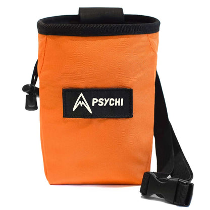 Orange climbing chalk bag with black top rim, PSYCHI logo patch, and carry strap