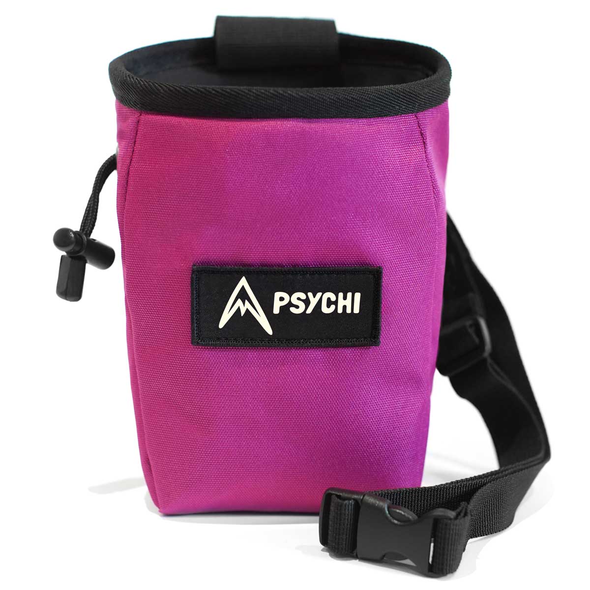 Magenta climbing chalk bag with black top, waist strap, and PSYCHI logo patch
