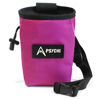 Magenta climbing chalk bag with black top, waist strap, and PSYCHI logo patch