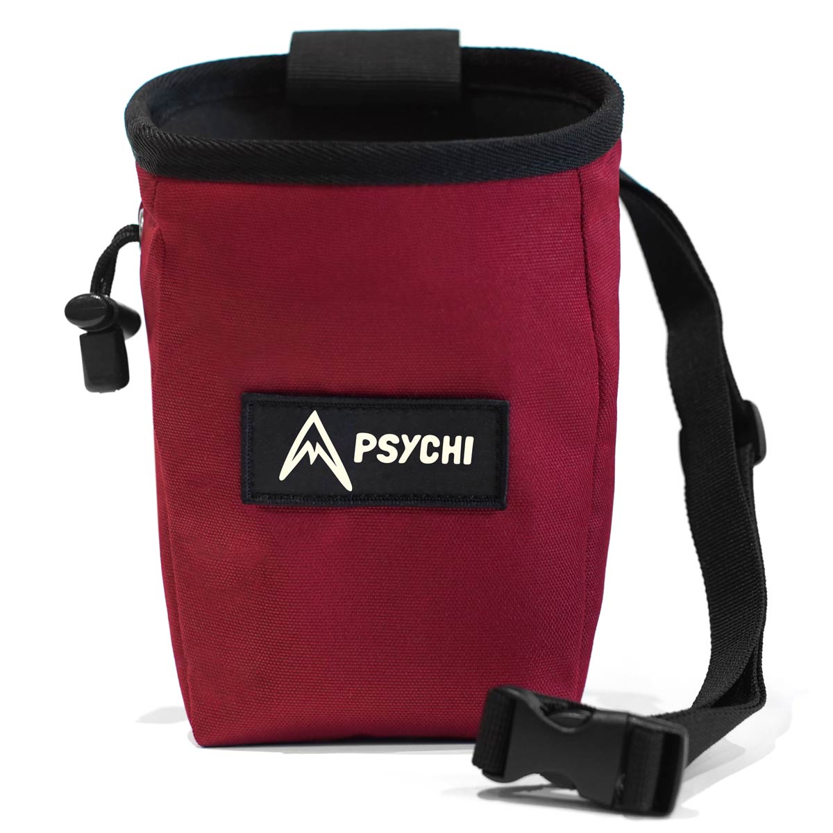 Red climbing chalk bag with black webbing strap and PSYCHI logo patch