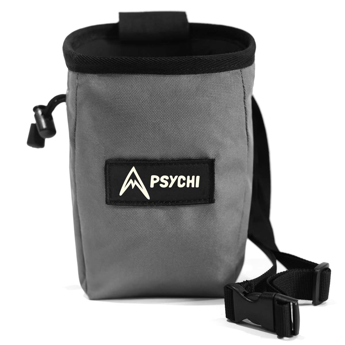 Grey climbing chalk bag with black top band, logo patch, and adjustable shoulder strap