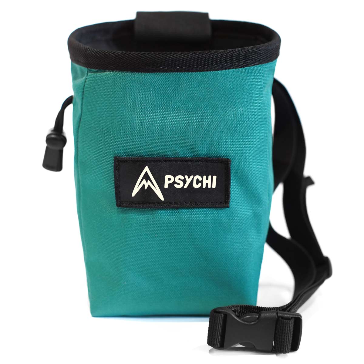 Turquoise climbing chalk bag with black top rim, PSYCHI logo patch, and carry strap