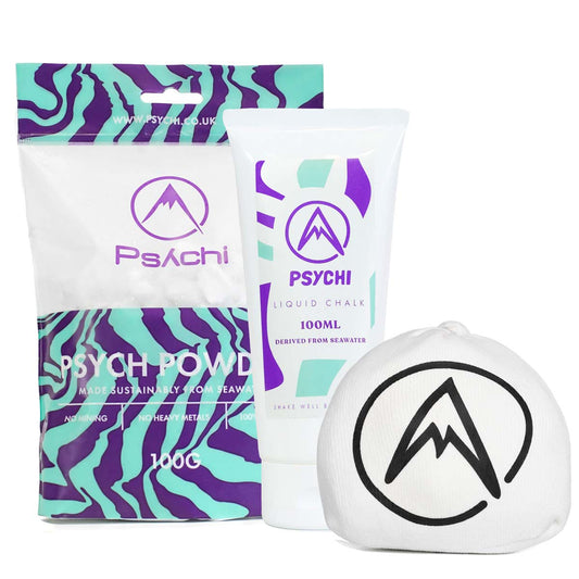 Climbing chalk bundle with Psychi powder bag, liquid chalk tube, and chalk ball pouch