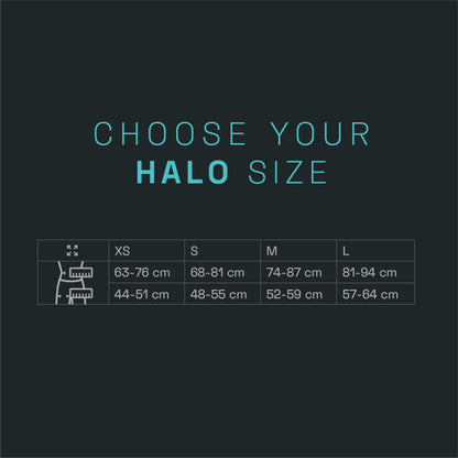Halo climbing harness size chart: XS to L with hip and leg measurement ranges