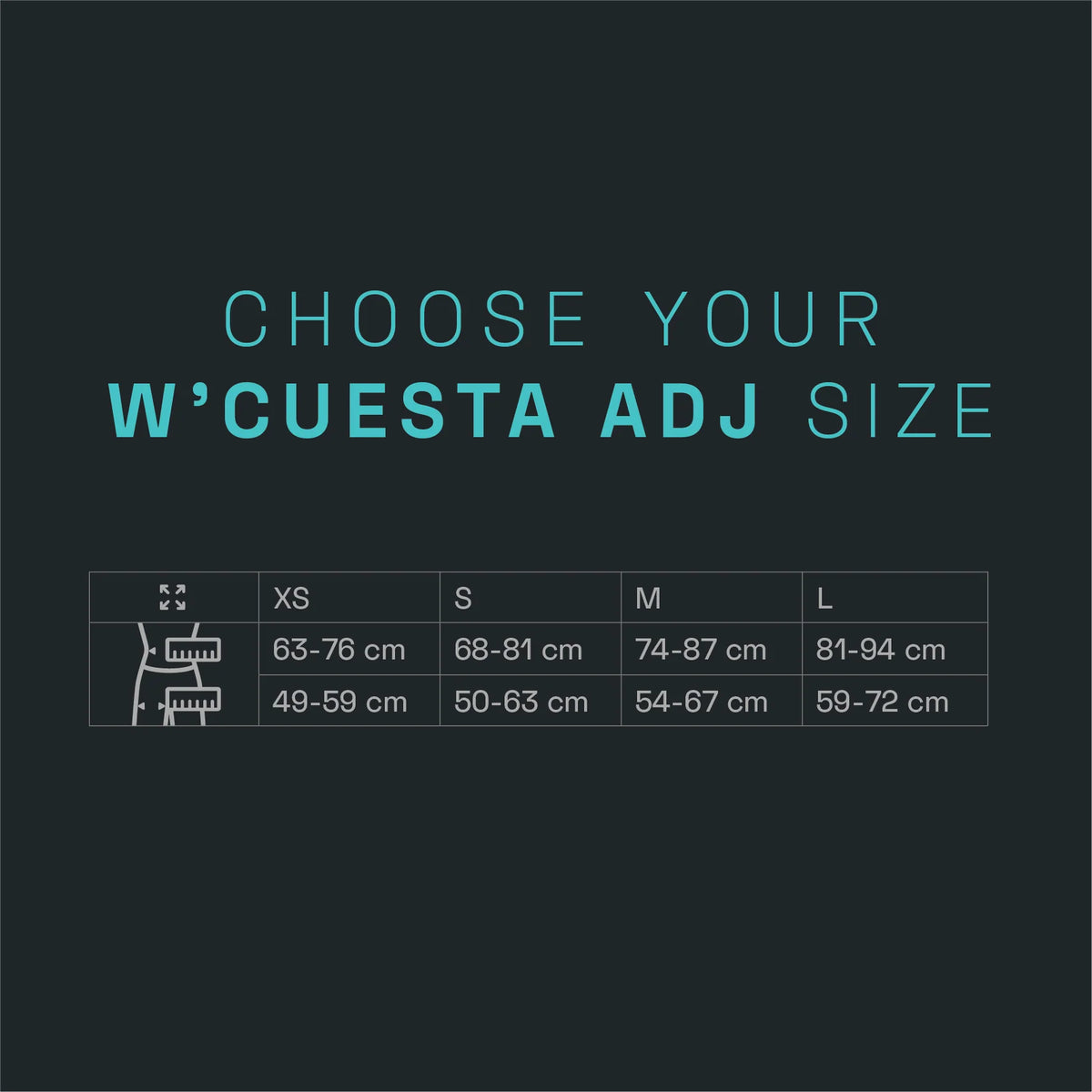 Climbing harness size chart showing XS to L fit measurements and height ranges