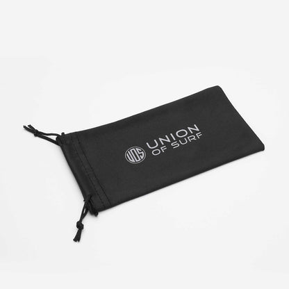 Black drawstring sunglass pouch with “UNION OF SURF” logo.