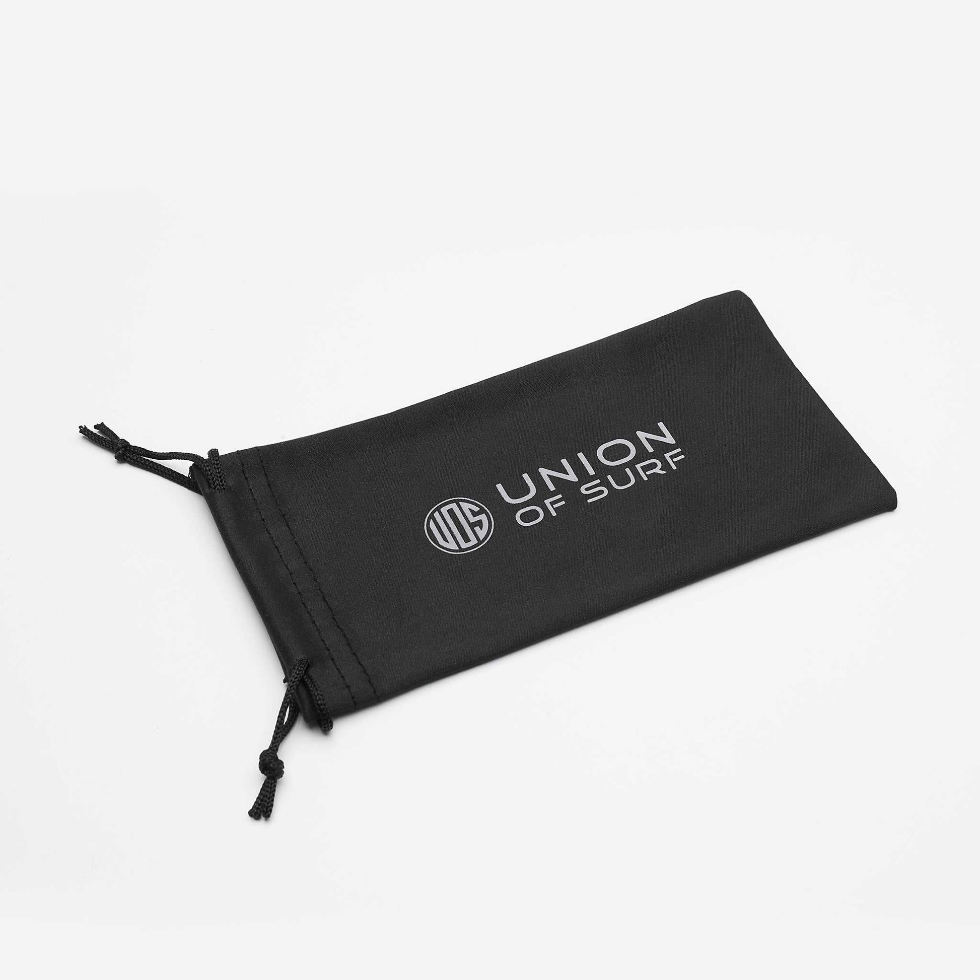 Black sunglasses pouch with Union of Surf logo and drawstring closure