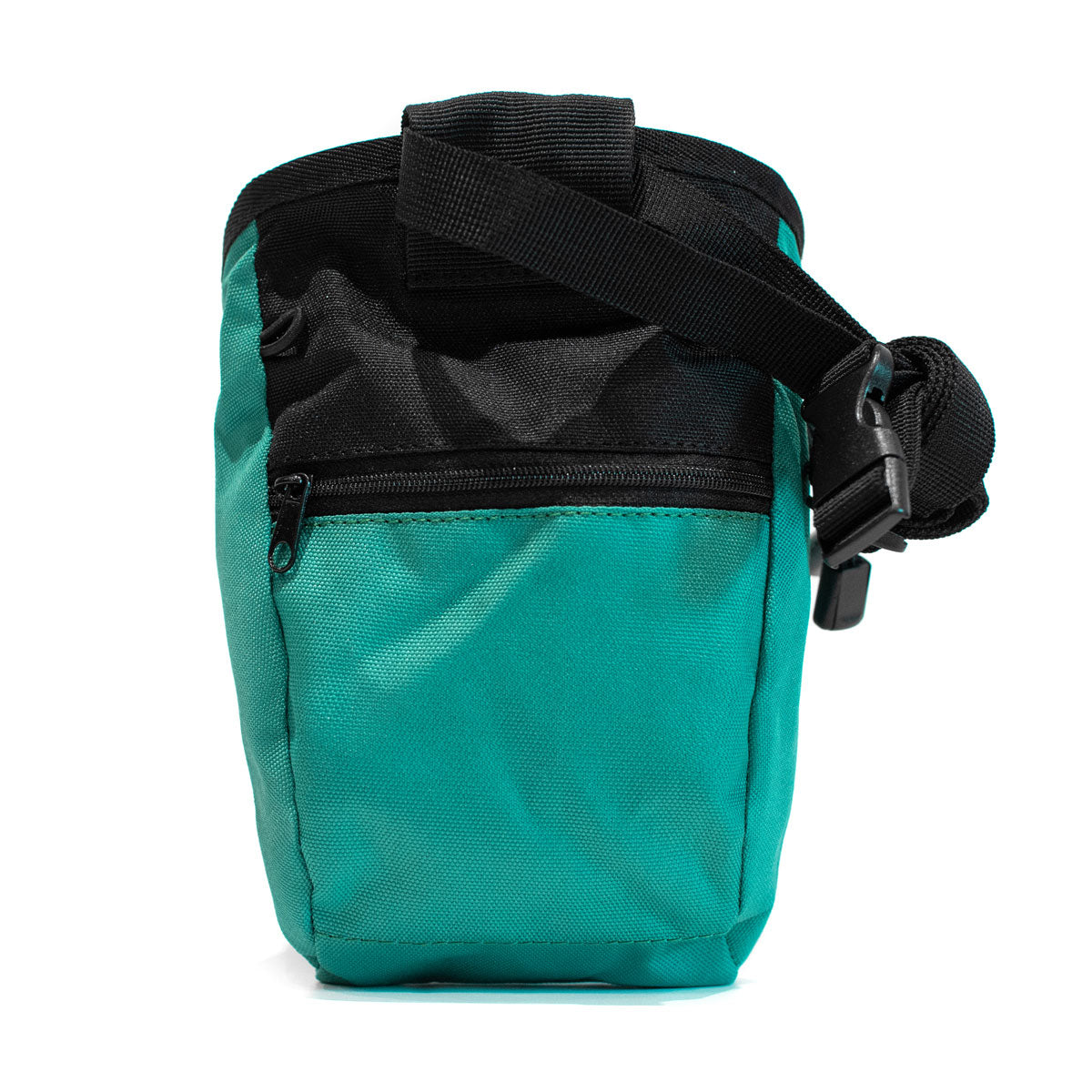 Teal climbing chalk bag with black zip pocket and adjustable shoulder strap