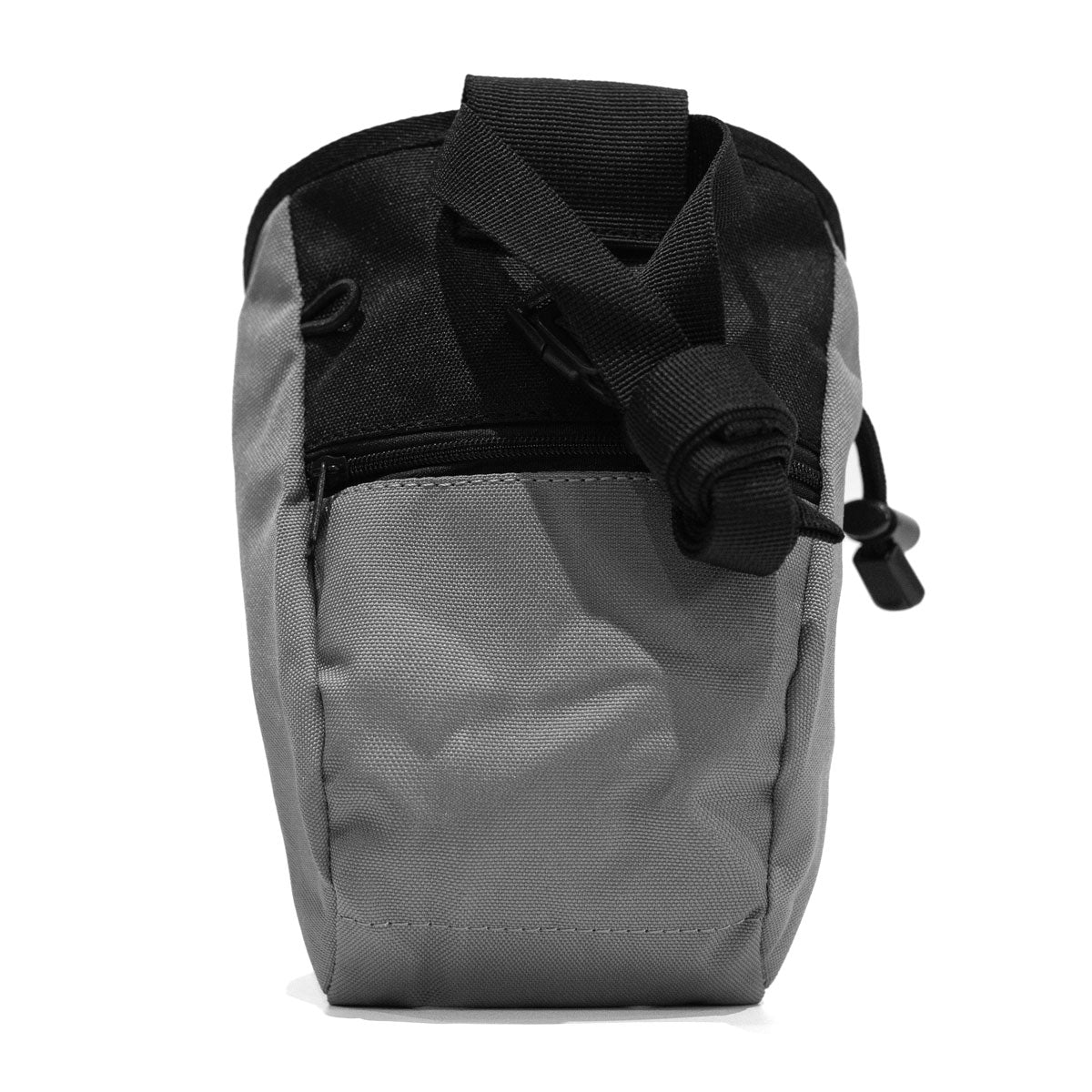 Grey climbing chalk bag with front pocket, black webbing strap, and side attachment