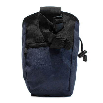 Navy climbing chalk bag with back straps, top opening, and side attachment clip