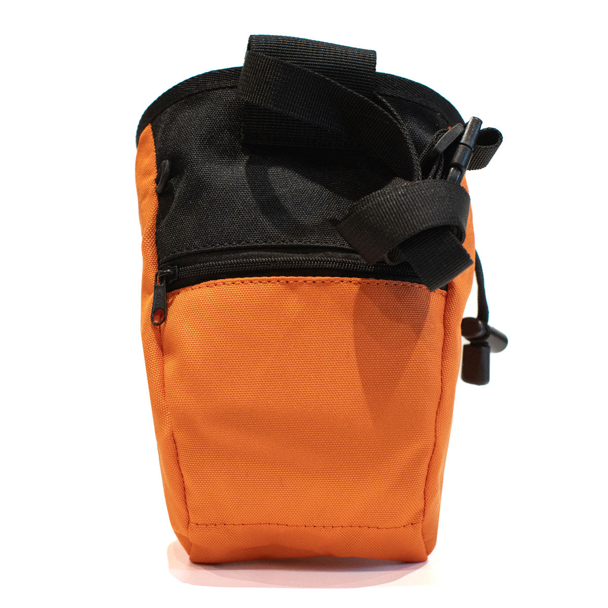 Orange climbing chalk bag with black top strap, side pull tab, and shoulder strap