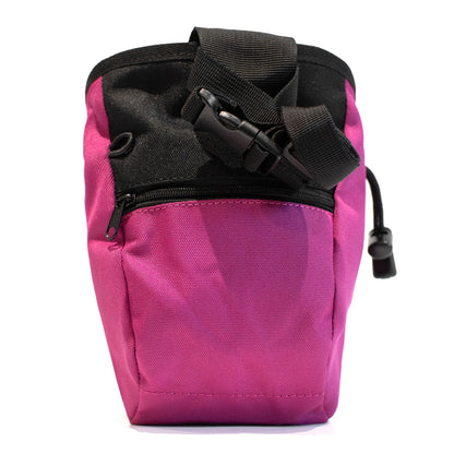Magenta climbing chalk bag with black zipper pocket and top carry strap