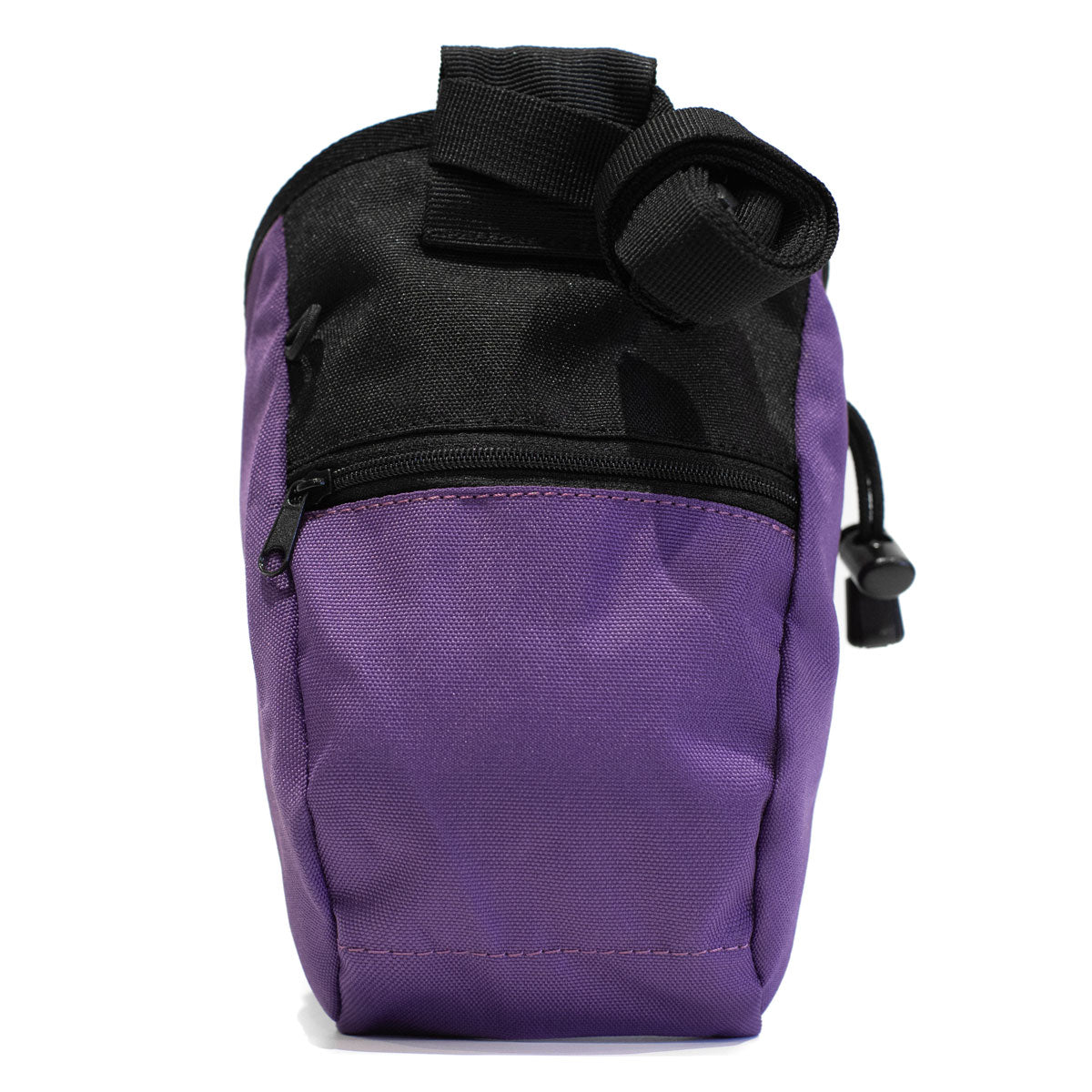 Purple climbing chalk bag with black zipper pocket and carry strap at top