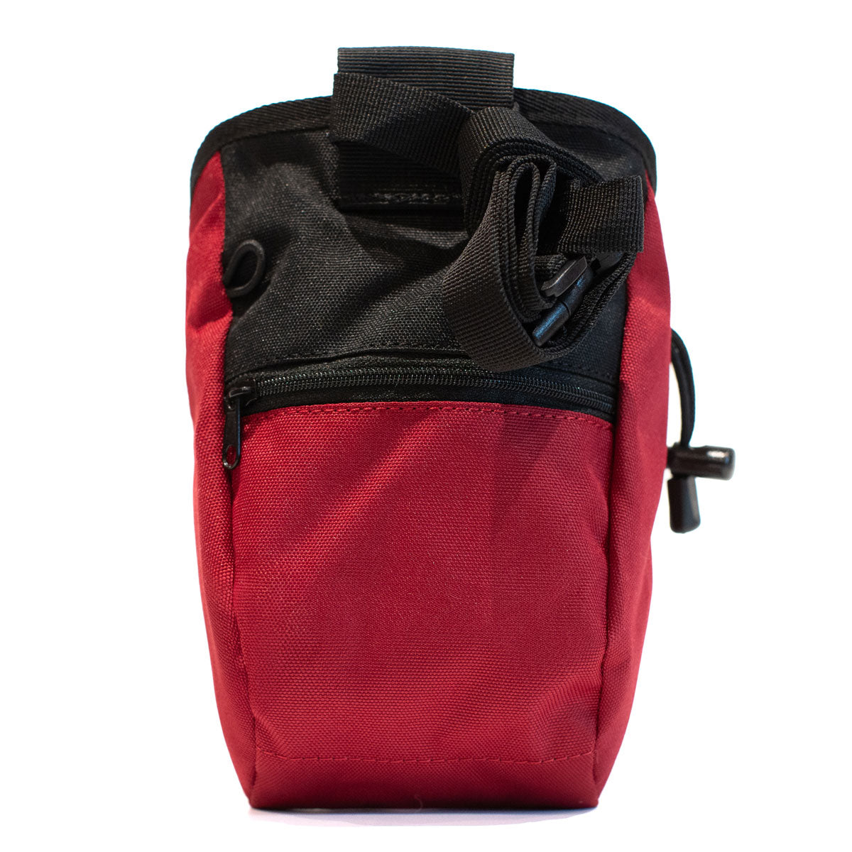 Dark red climbing chalk bag with black webbing straps and zip pocket