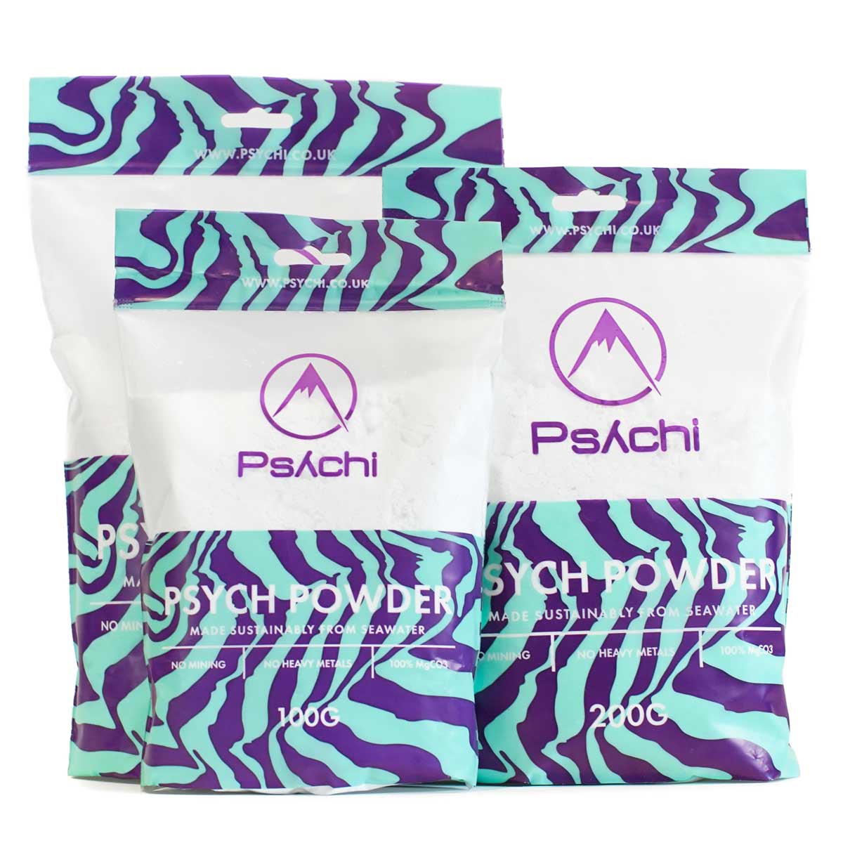 Climbing chalk powder in a branded purple and teal bag, white powder inside