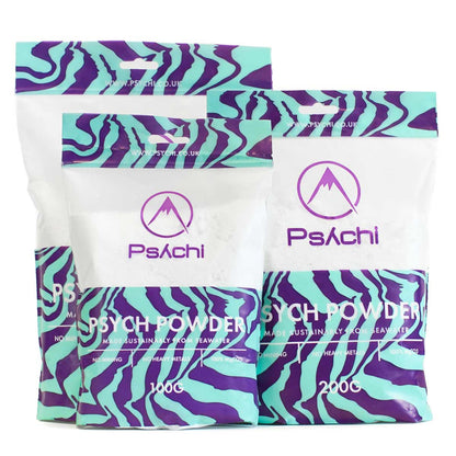Climbing chalk powder in a branded purple and teal bag, white powder inside