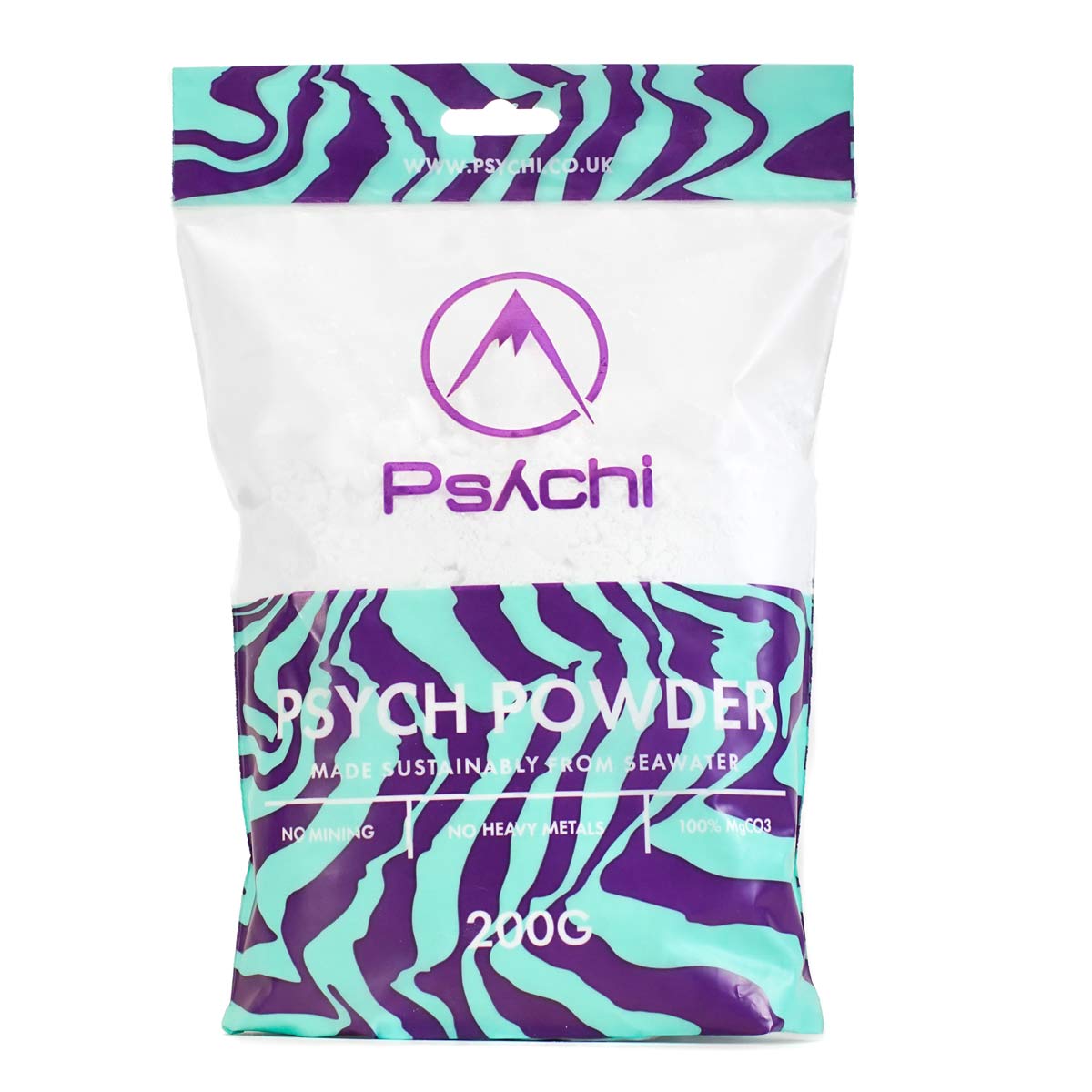 Branded climbing chalk powder bag with purple and teal pattern, 200 g