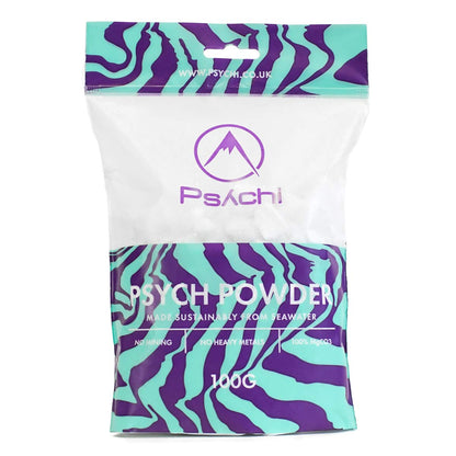 Branded climbing chalk powder bag with purple/teal zebra pattern, 100 g